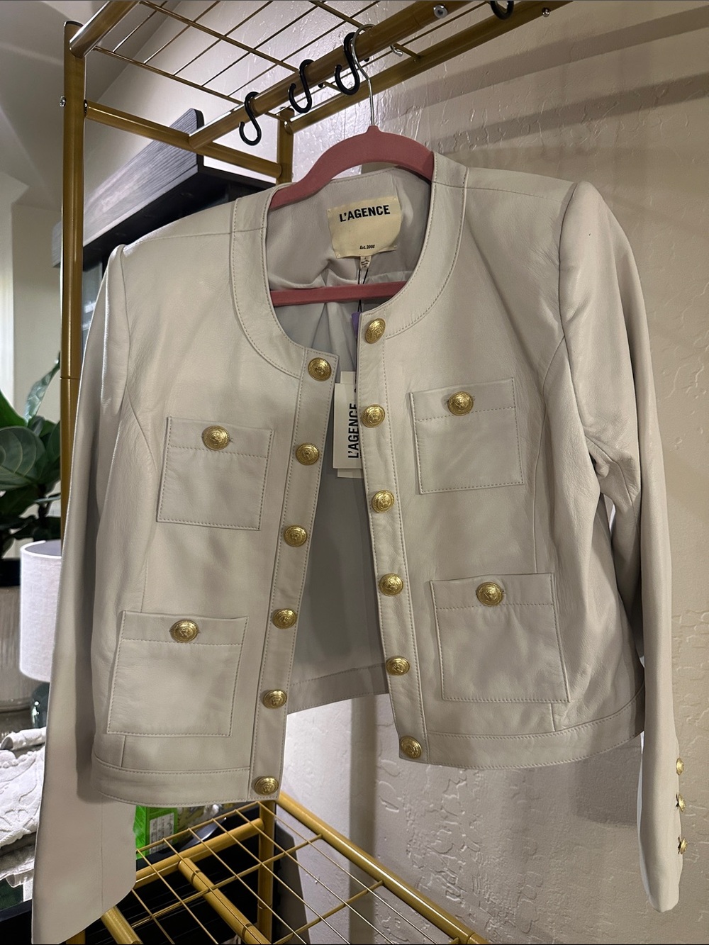 L'AGENCE Cream Leather Round-Neck Jacket with Gold Buttons